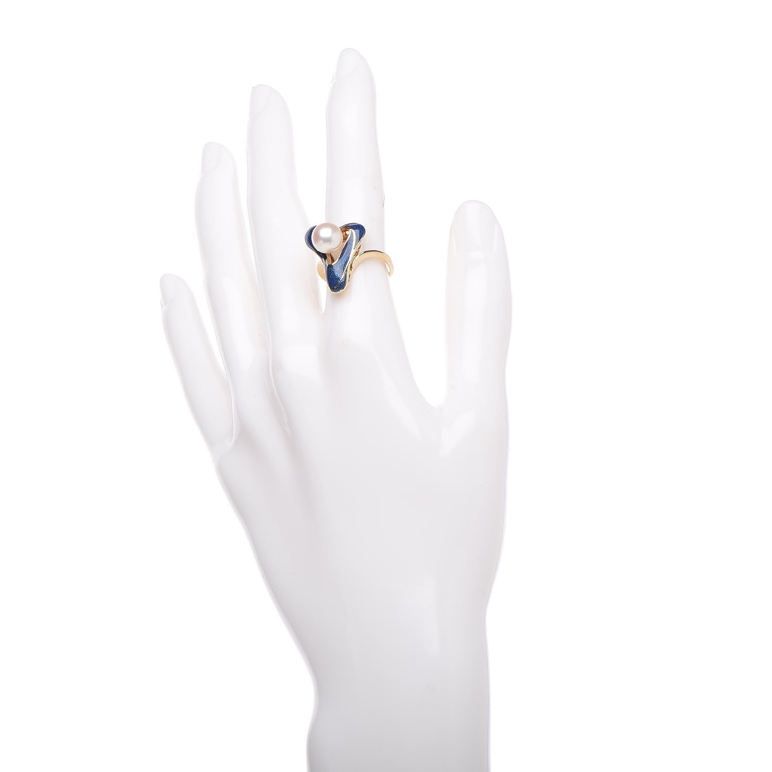 Mikimoto 18K Yellow Gold Akoya Pearl Enamel Cocktail Ring 49 4.75 Blue 2 of 4