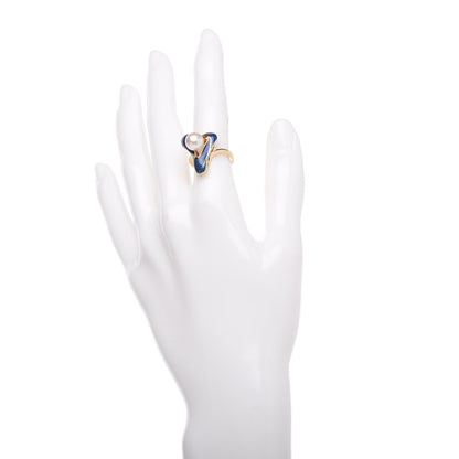 Mikimoto 18K Yellow Gold Akoya Pearl Enamel Cocktail Ring 49 4.75 Blue 2 of 4
