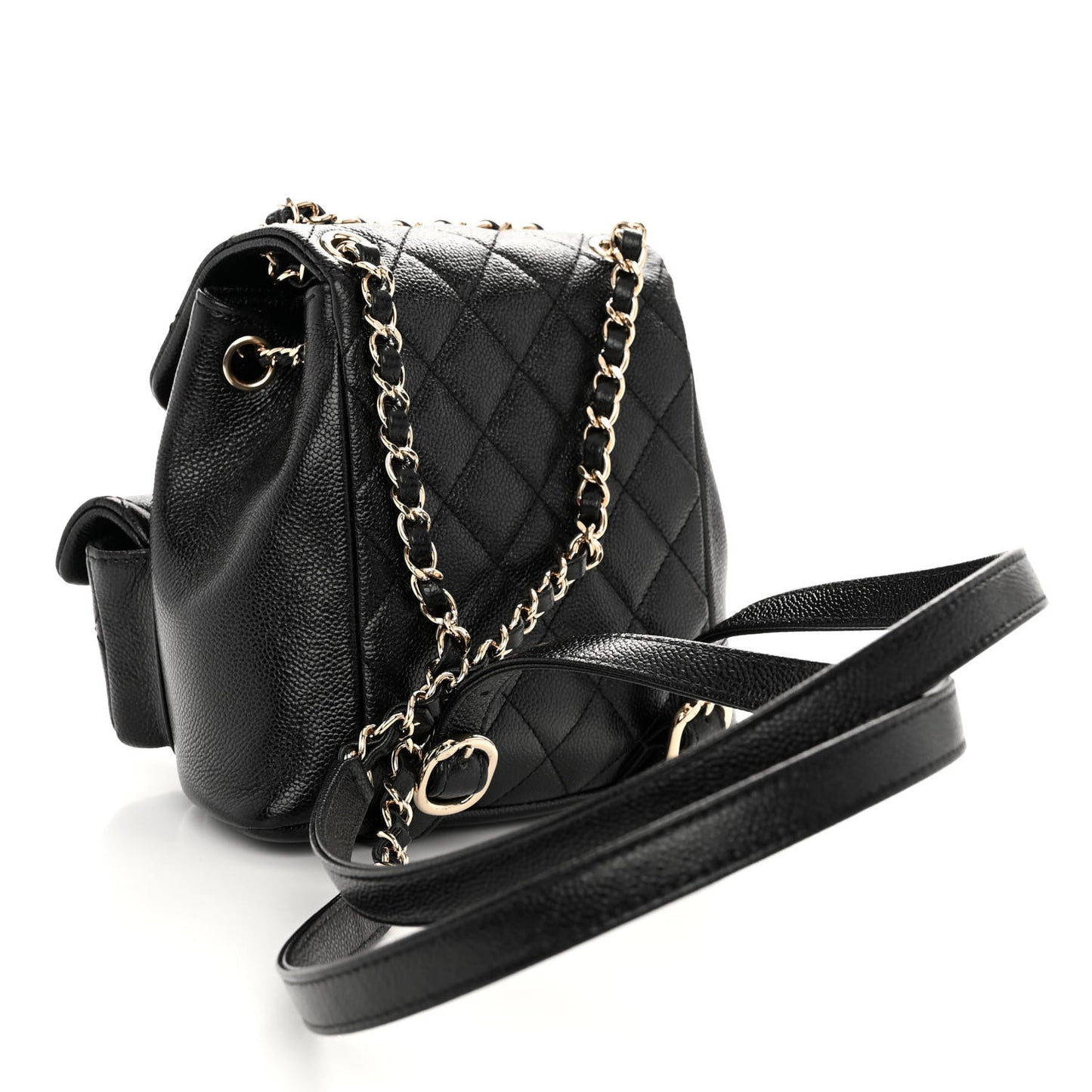 Shiny Caviar Quilted Small Duma Pockets Drawstring Backpack Black