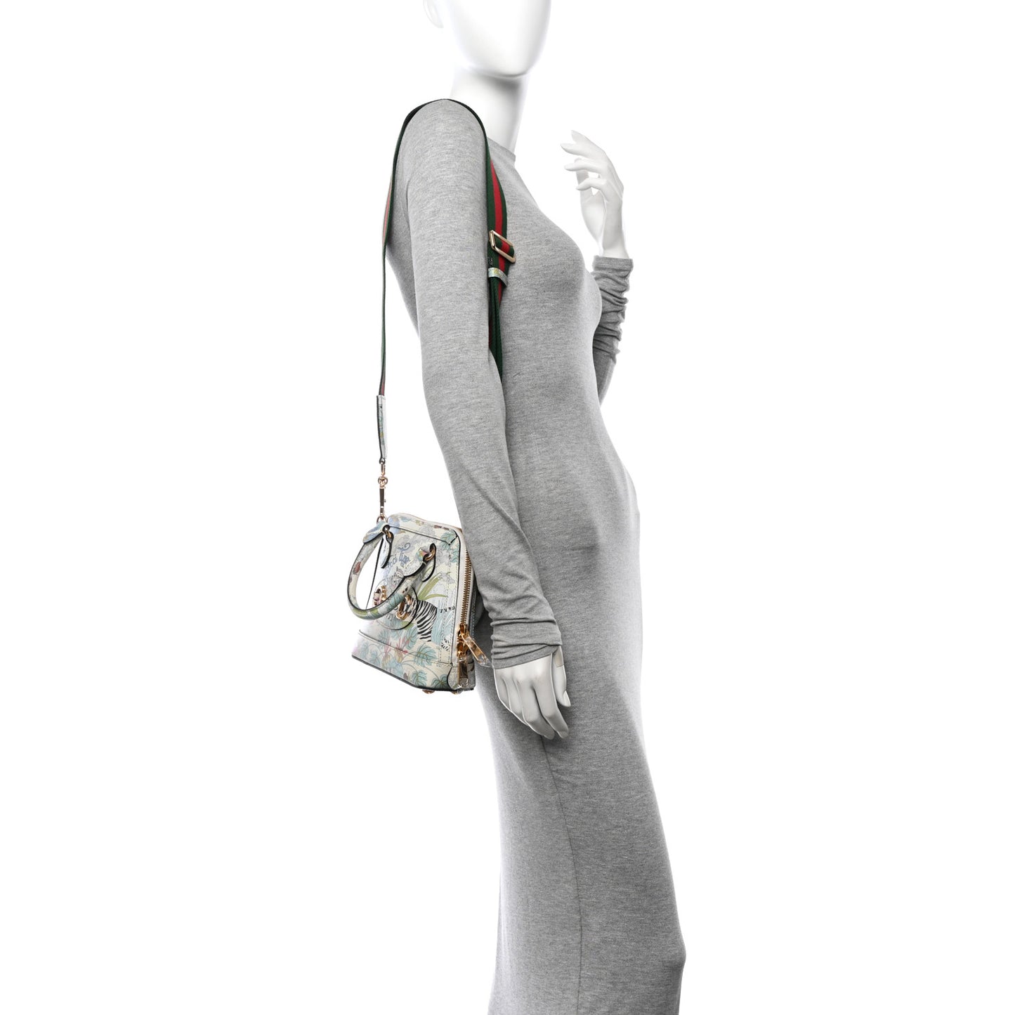 New Shangai Calfskin Tiger Savanah Web Mini Horsebit 1955 Top Handle Bag Chalky White Multicolor
