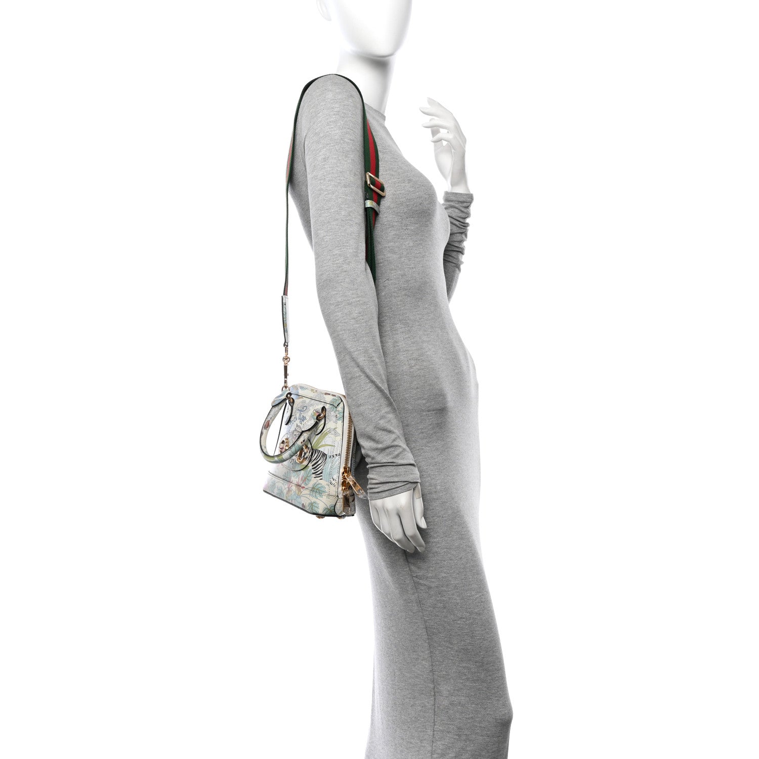 Gucci New Shangai Calfskin Tiger Savanah Web Mini Horsebit 1955 Top Handle Bag Chalky White Multicolor 2 of 10