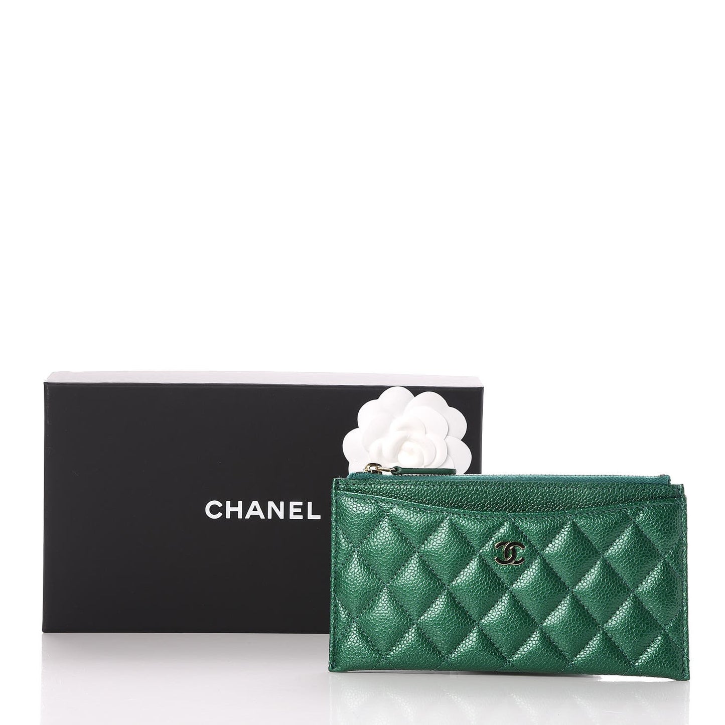 Metallic Caviar Quilted Classic Zip Pouch Green