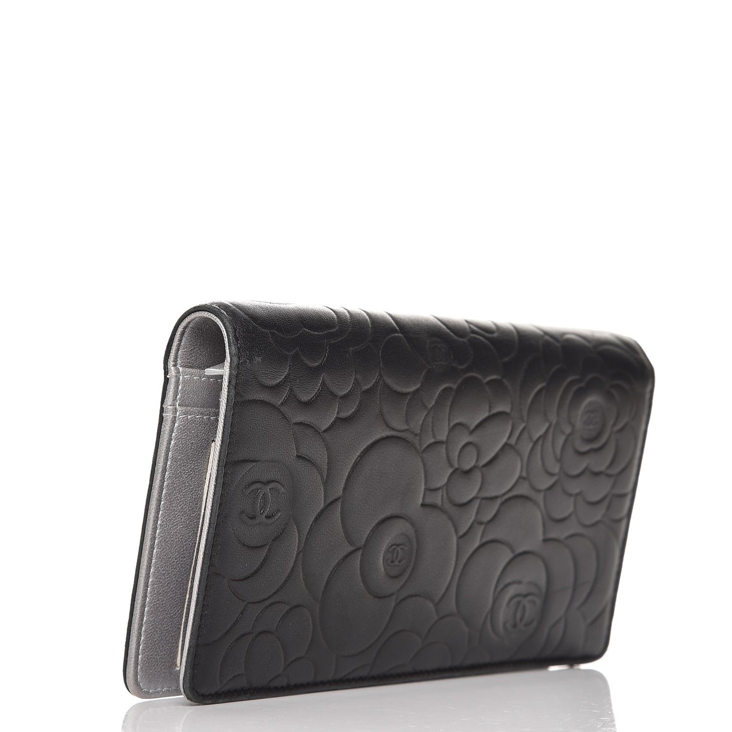Lambskin Camellia Embossed Yen Wallet Black