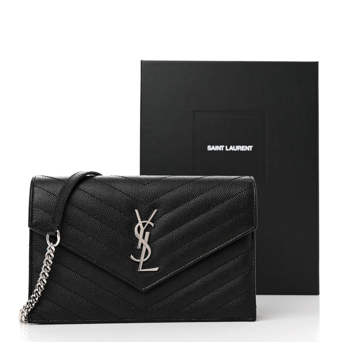 Grain De Poudre Matelasse Chevron Monogram Envelope Chain Wallet Black