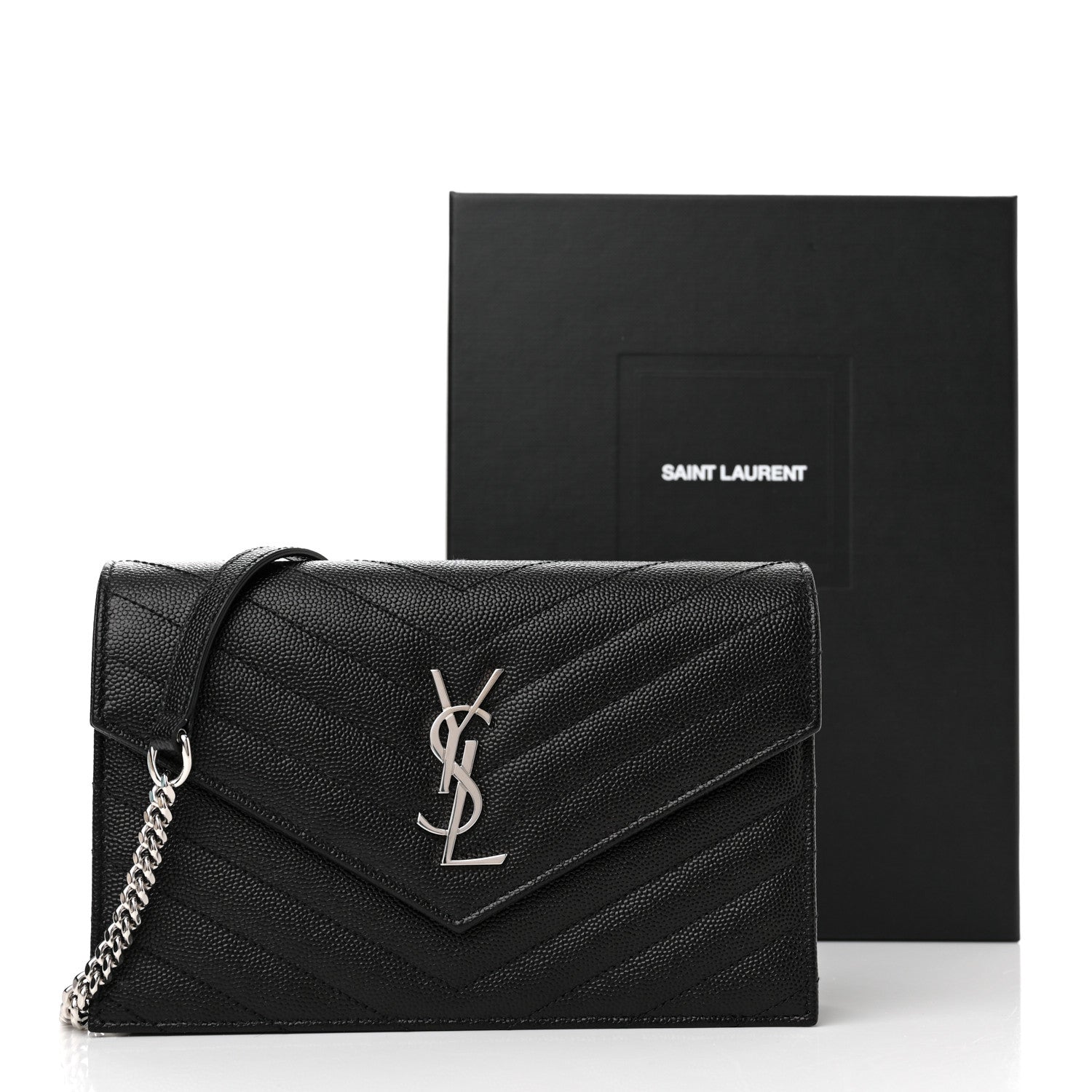 Saint Laurent Grain De Poudre Matelasse Chevron Monogram Envelope Chain Wallet Black 11 of 11