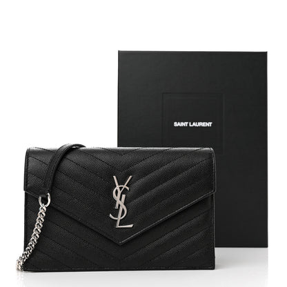 Saint Laurent Grain De Poudre Matelasse Chevron Monogram Envelope Chain Wallet Black 11 of 11