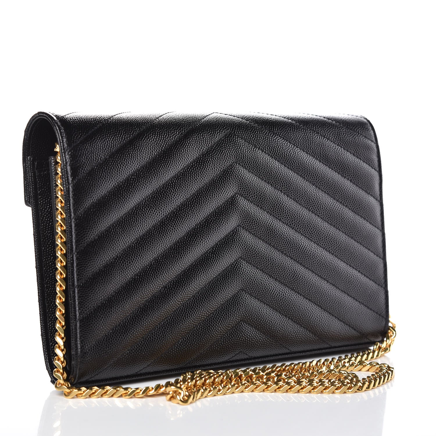 Saint Laurent Grain De Poudre Matelasse Chevron Monogram Chain Wallet Black 3 of 8