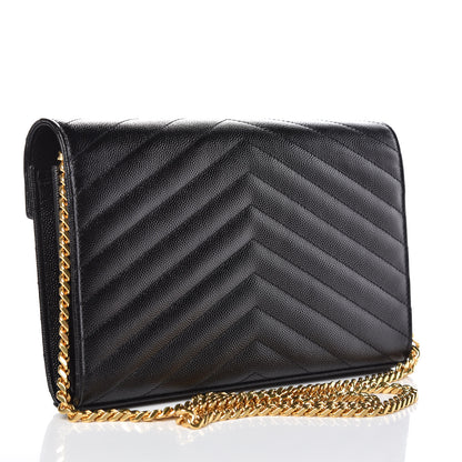 Saint Laurent Grain De Poudre Matelasse Chevron Monogram Chain Wallet Black 3 of 8
