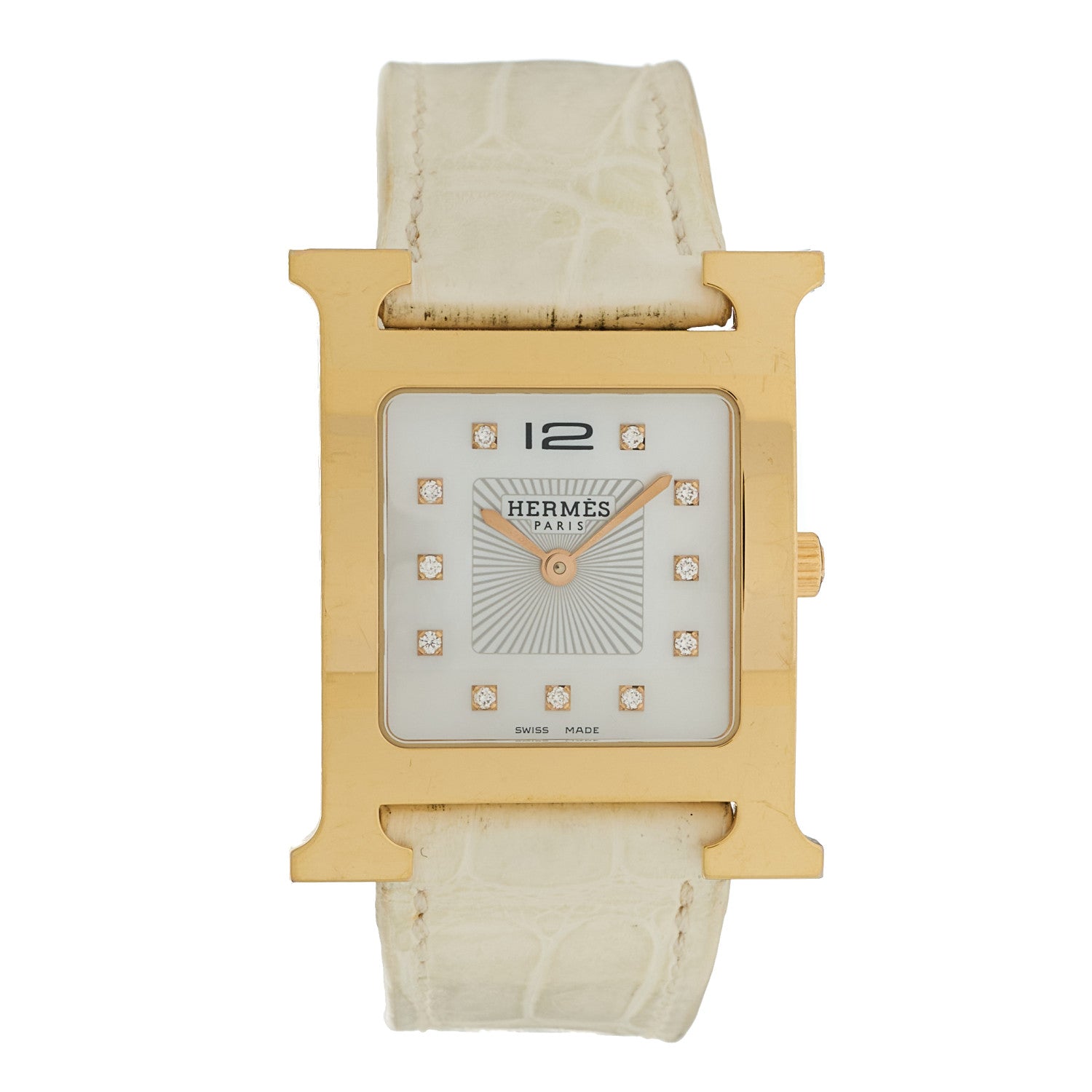 Hermes Stainless Steel Alligator Diamond Mother of Pearl 26mm Heure H Hour Quartz Watch Blanc 1 of 4