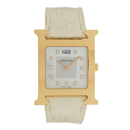 Hermes Stainless Steel Alligator Diamond Mother of Pearl 26mm Heure H Hour Quartz Watch Blanc 1 of 4