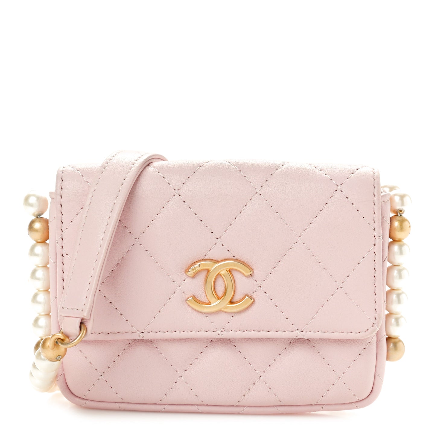 Calfskin Quilted About Pearls Card Holder Flap With Chain Light Pink