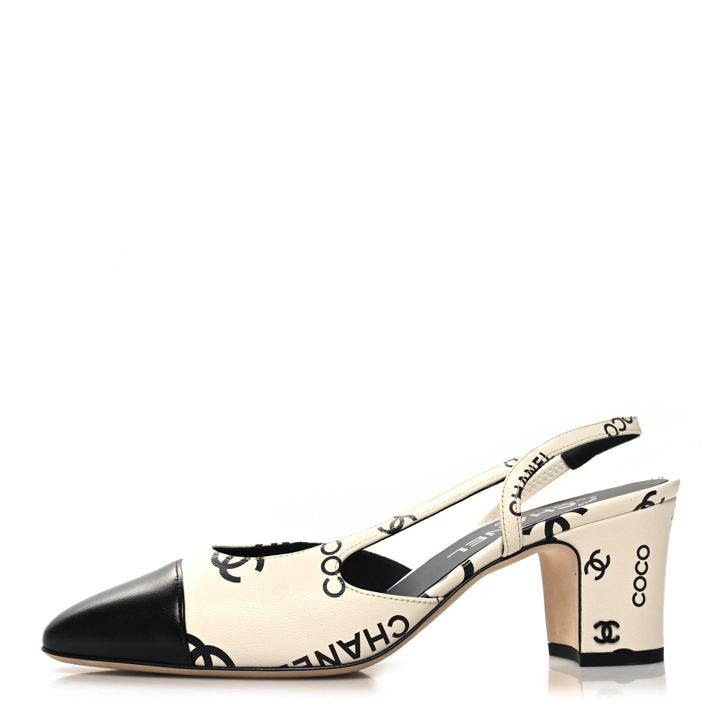 Printed Lambskin Cap Toe CC Slingback Pumps 38.5 Black White