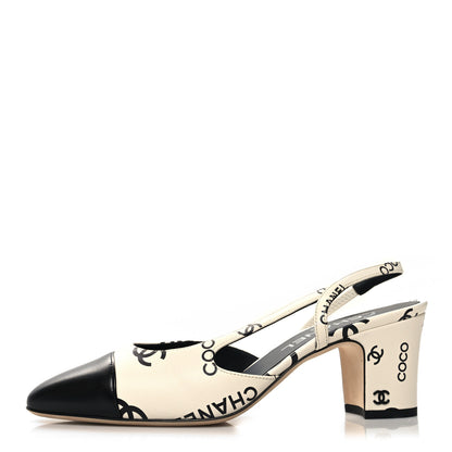 Chanel Printed Lambskin Cap Toe CC Slingback Pumps 38.5 Black White 1 of 8