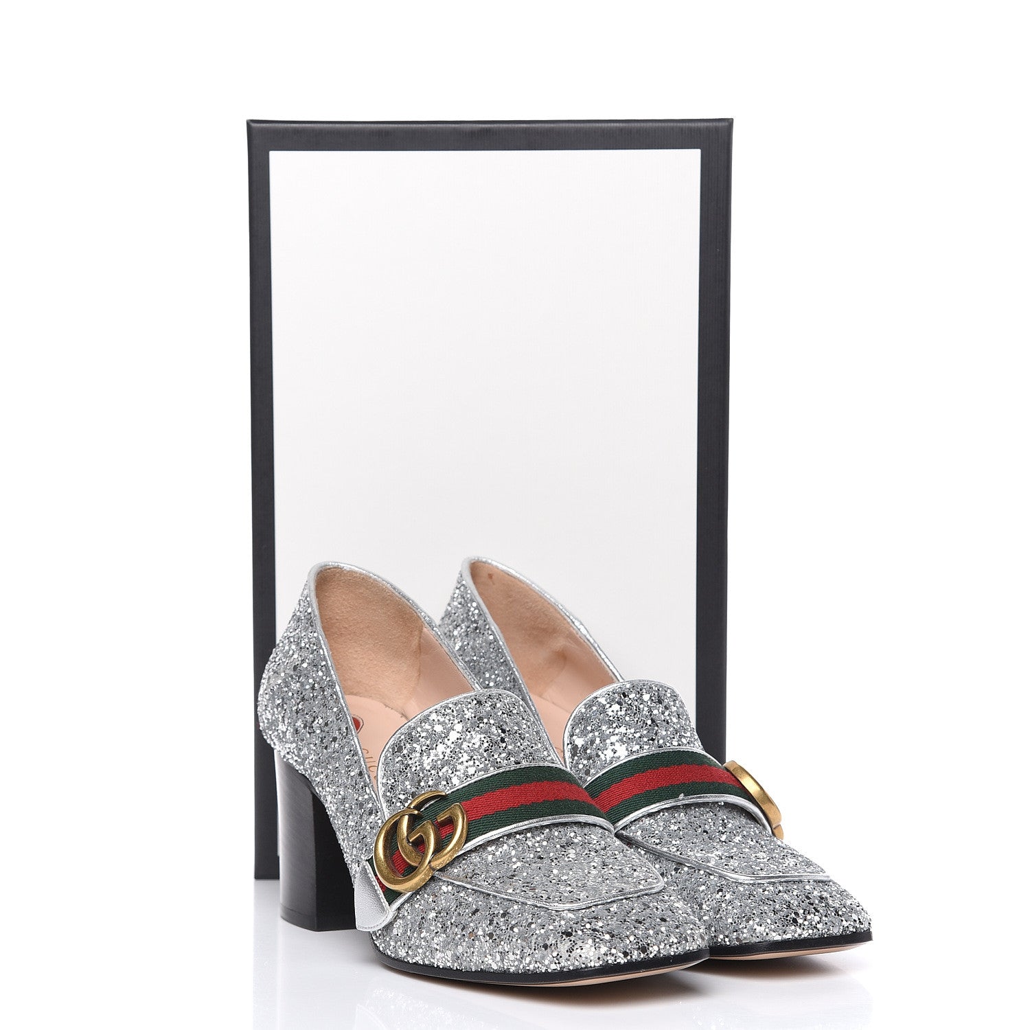 Gucci Glitter Nappa Web Peyton 75mm Loafer Pumps 38 Argento 9 of 9