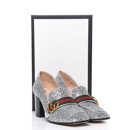 Gucci Glitter Nappa Web Peyton 75mm Loafer Pumps 38 Argento 9 of 9