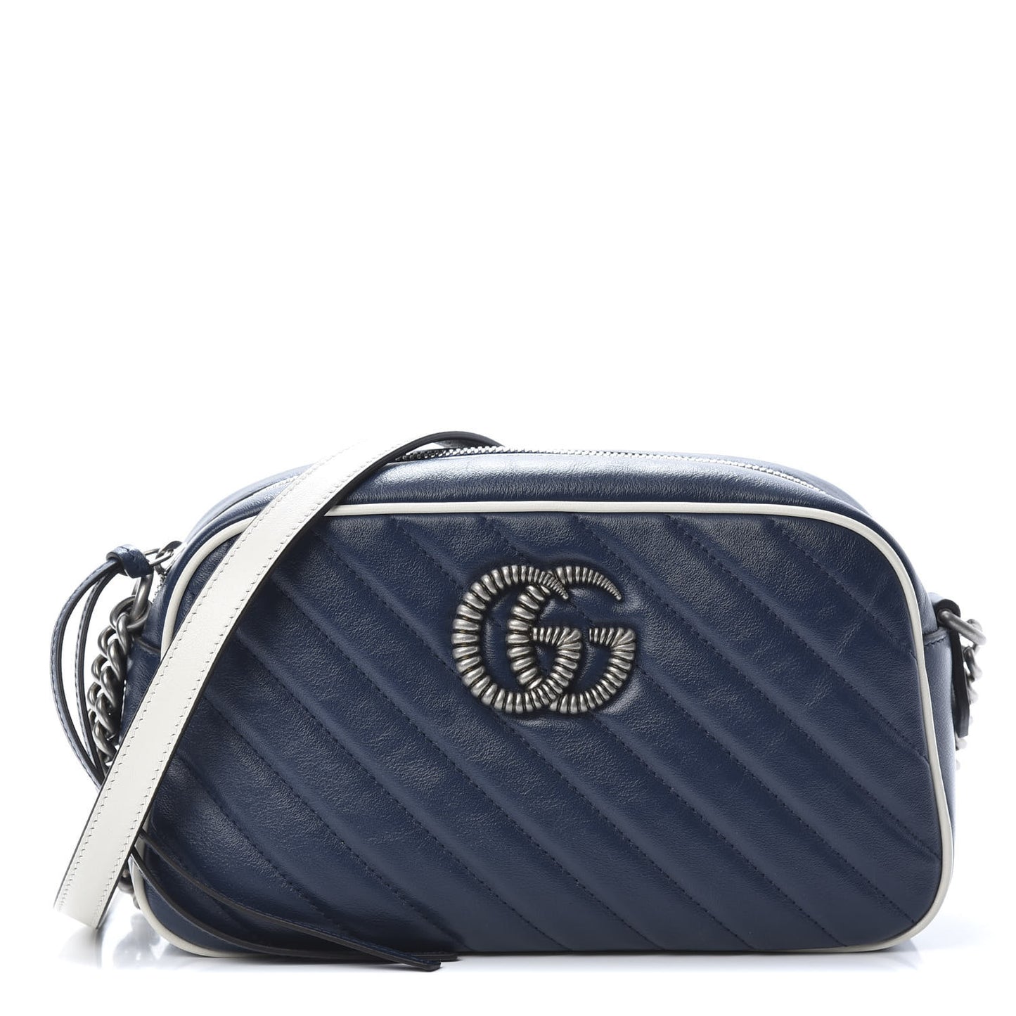 Vintage Effect Calfskin Matelasse Diagonal Small Torchon GG Marmont Chain Shoulder Bag Blue Agata Mystic White