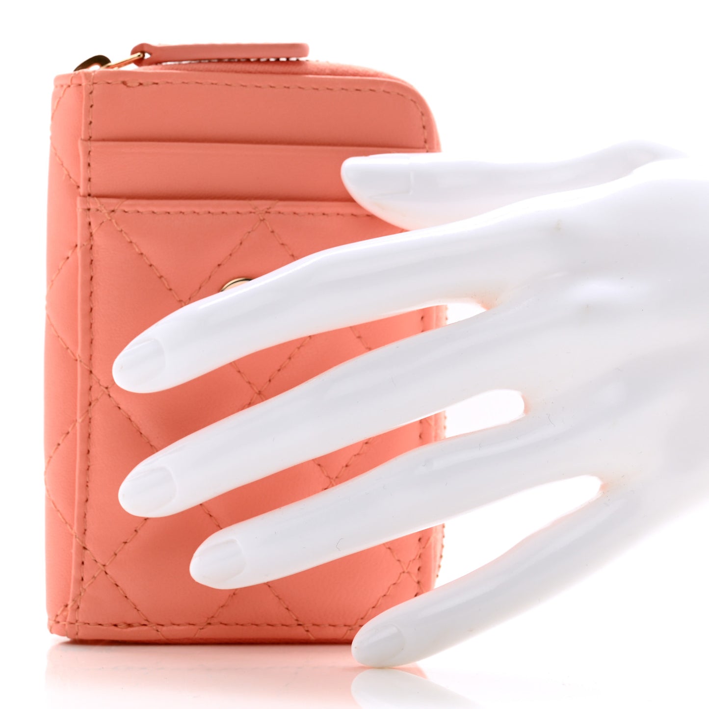 Lambskin Quilted Zip Card Holder Light Orange
