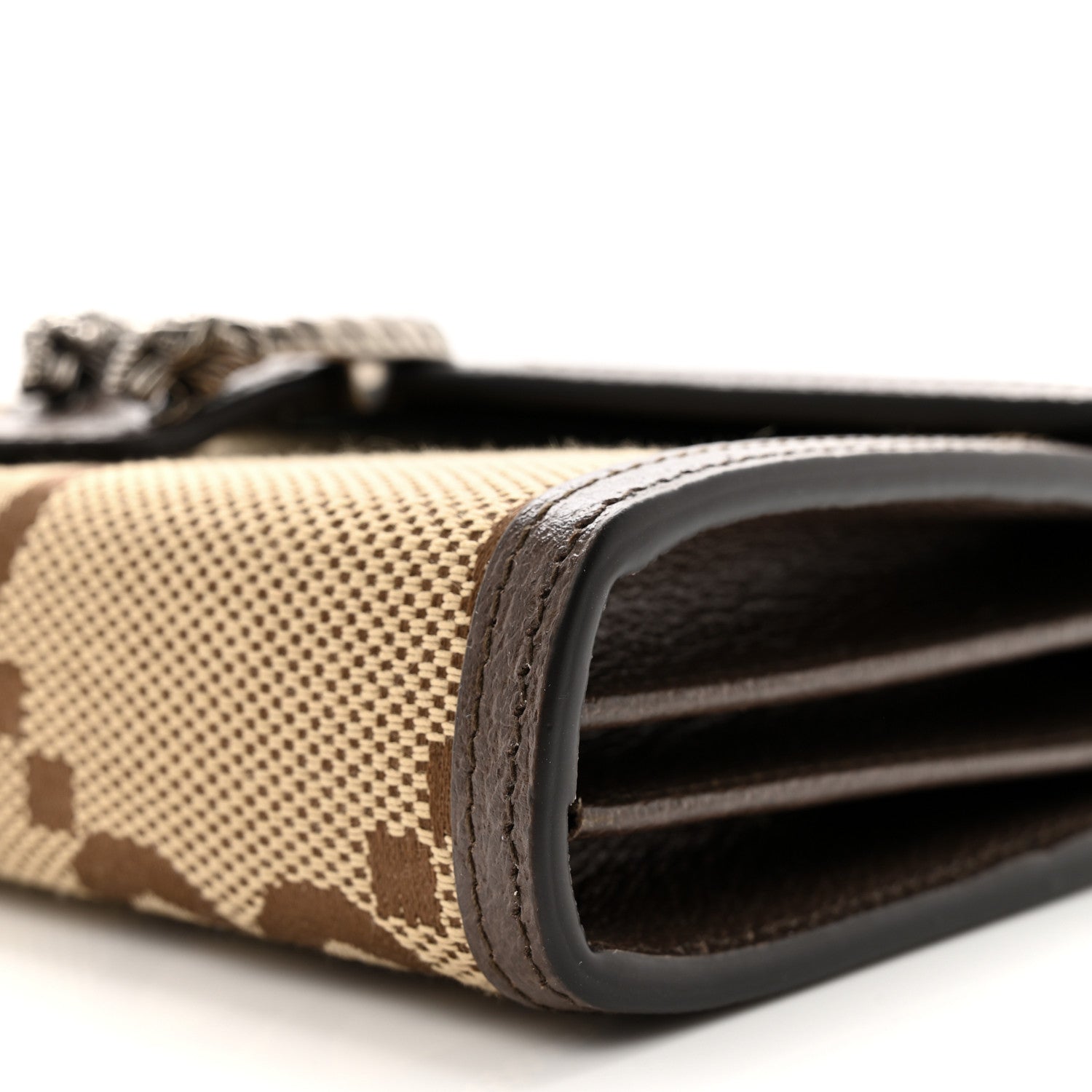 Gucci Monogram Jumbo GG Textured Dollar Calfskin Mini Dionysus Chain Wallet Camel Ebony New Acero 11 of 12