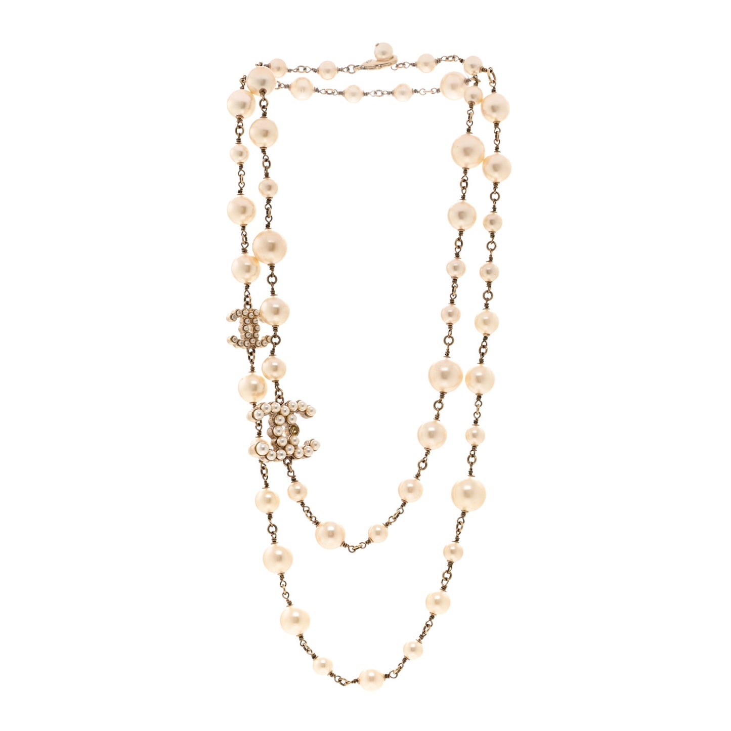 Graduated Pearl CC Long Necklace Gold