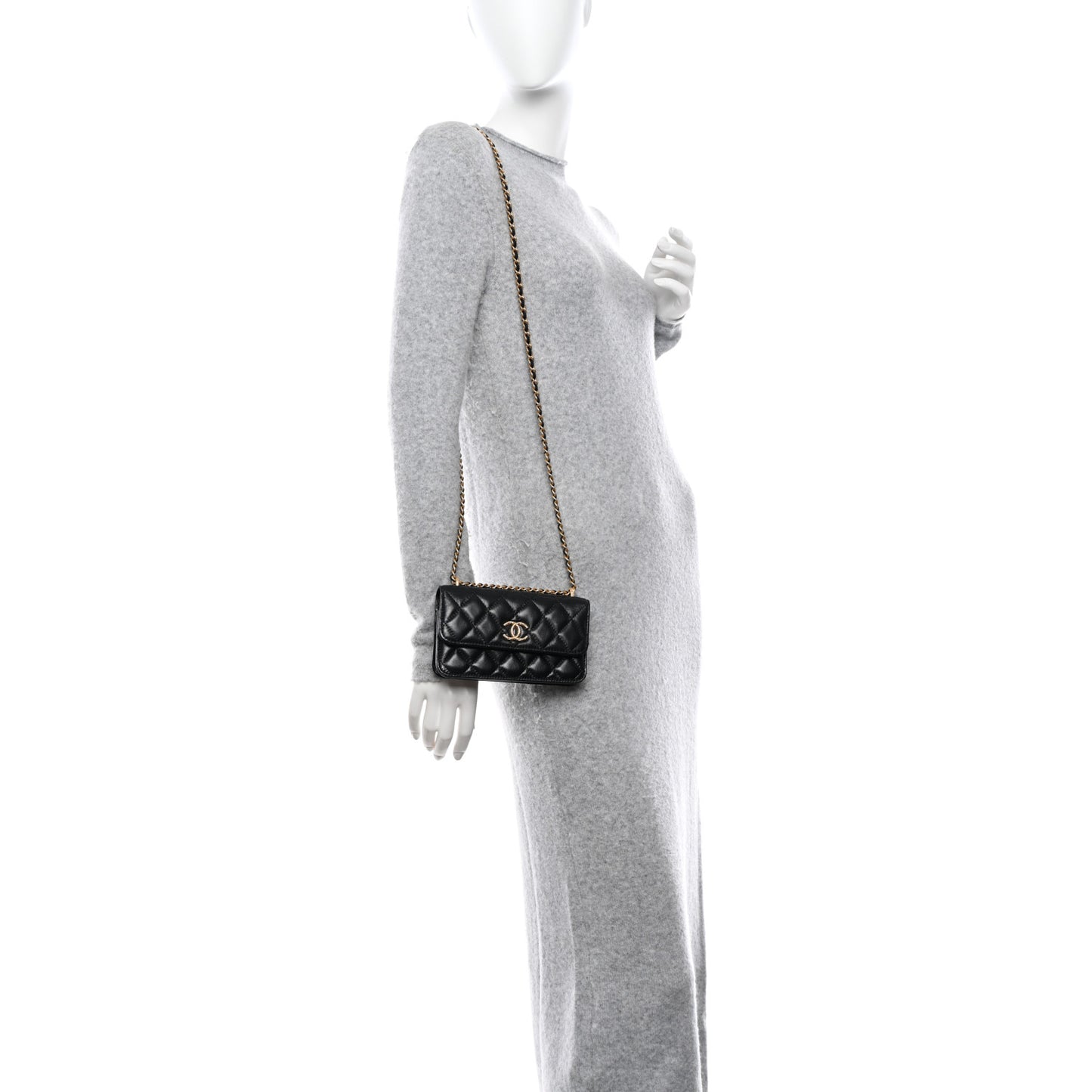 Lambskin Quilted Dynasty Flap Phone Holder With Chain Black