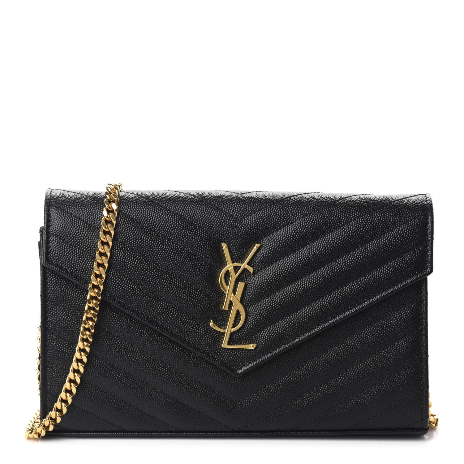 Saint Laurent Grain De Poudre Matelasse Chevron Monogram Chain Wallet Black 1 of 10