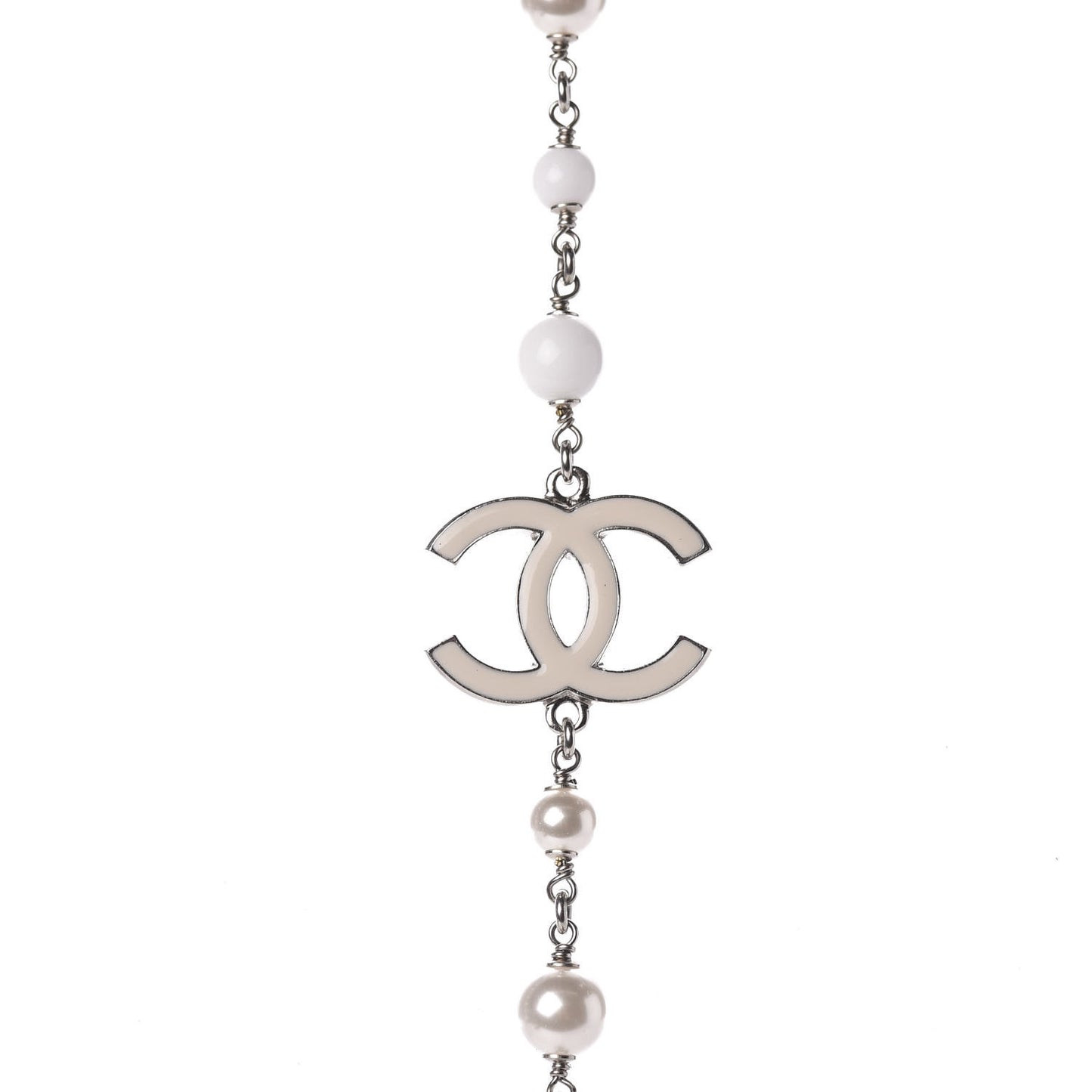 Enamel Beaded Pearl CC Long Necklace Silver Ivory