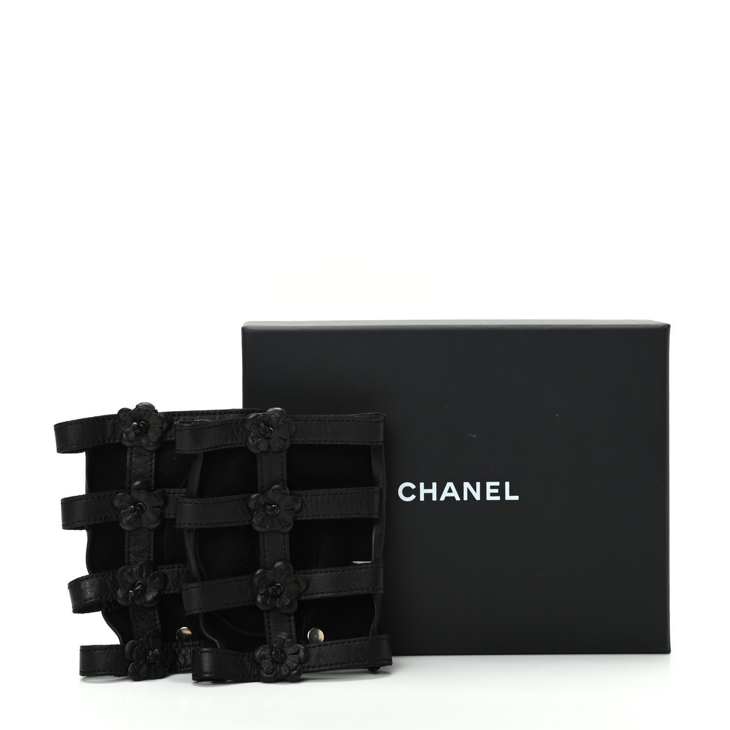 Chanel Lambskin Camellia Fingerless Gloves 7.5 Black 6 of 6