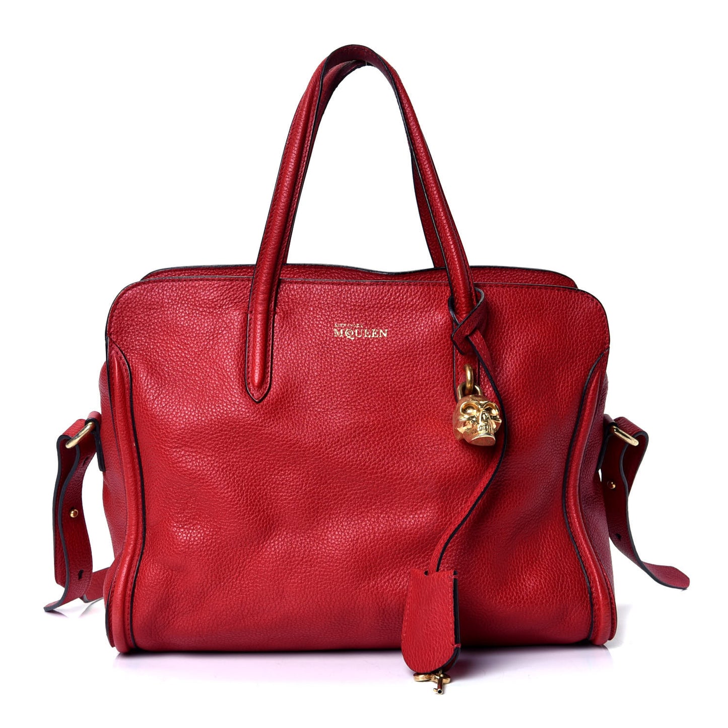 Pebbled Calfskin Small Skull Padlock Zip Around Tote Red