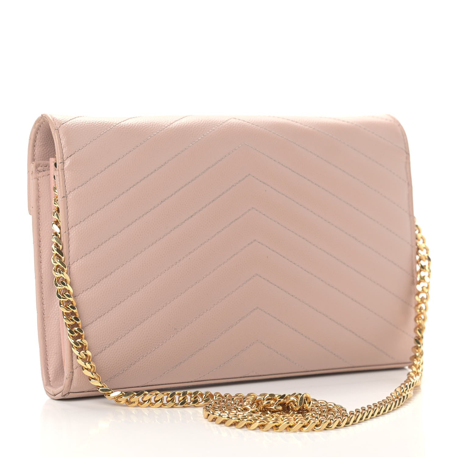 Saint Laurent Grain De Poudre Matelasse Chevron Monogram Chain Wallet Pale Pink 3 of 16