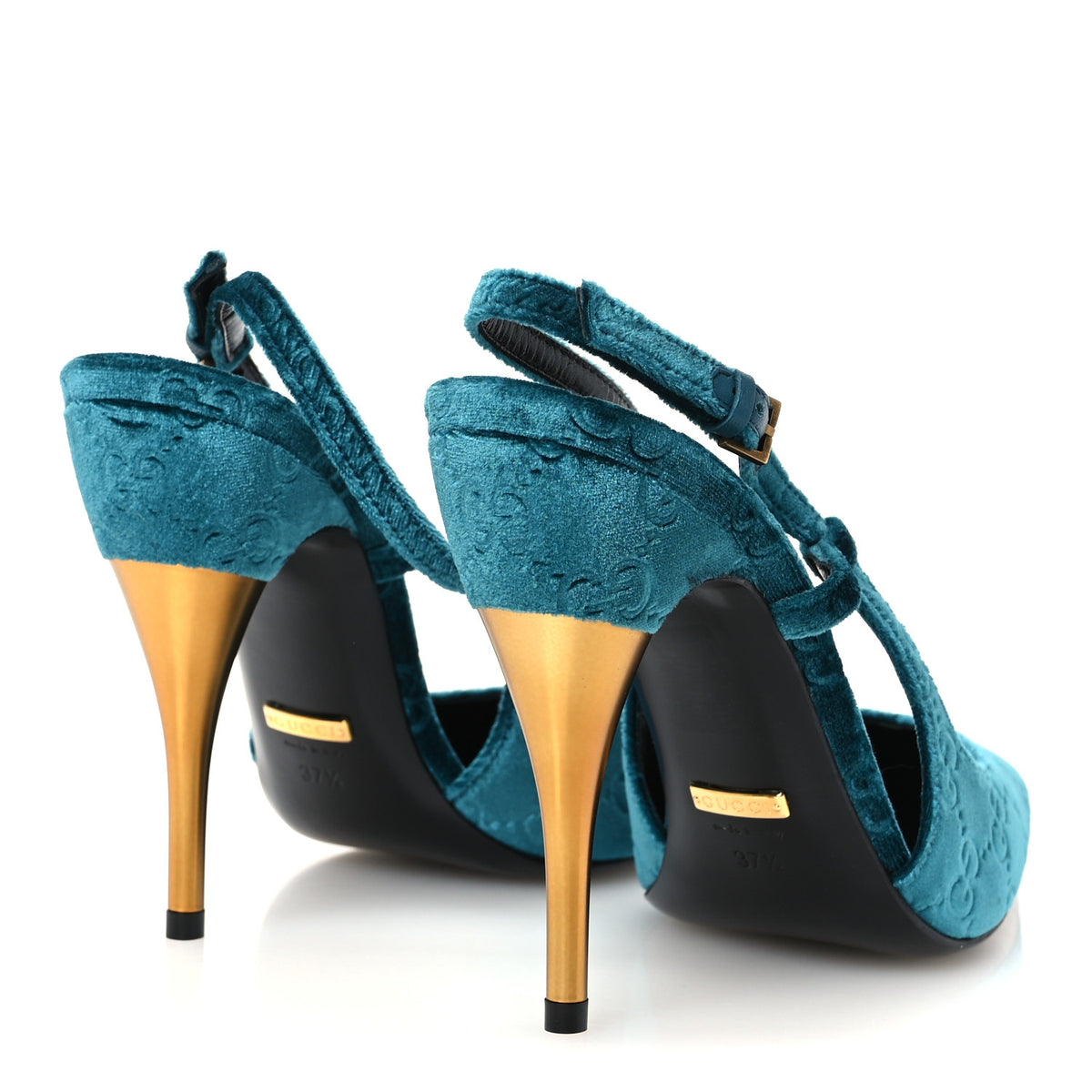 Gucci Velvet GG Monogram Slingback 115mm Pumps 37.5 Peacock 5 of 10