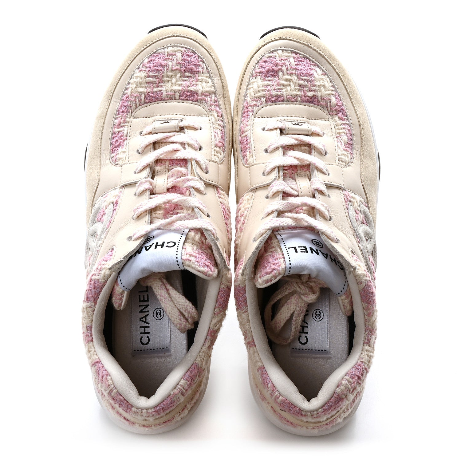 Chanel Tweed Suede Calfskin Womens CC Sneakers 39 Pink Ecru 2 of 8