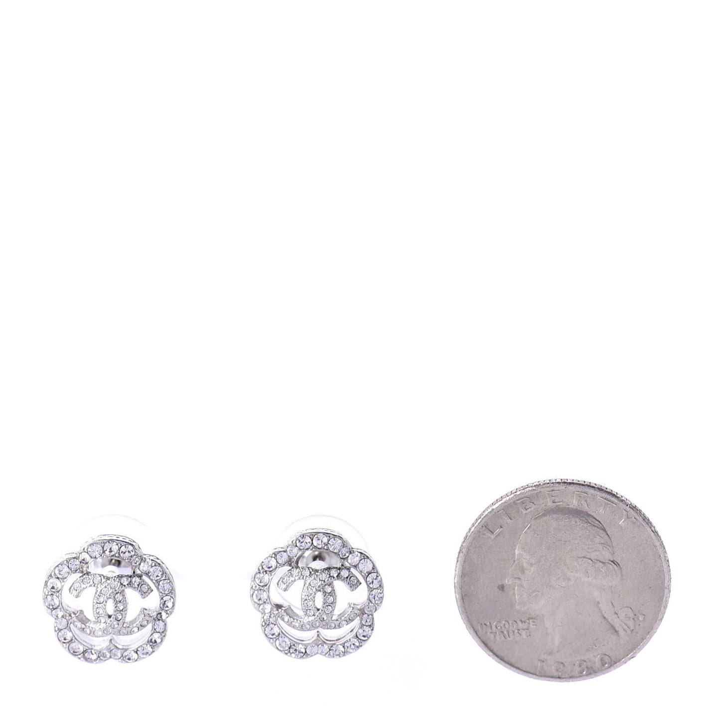 Crystal Coco Flapper Camellia CC Stud Earrings Silver