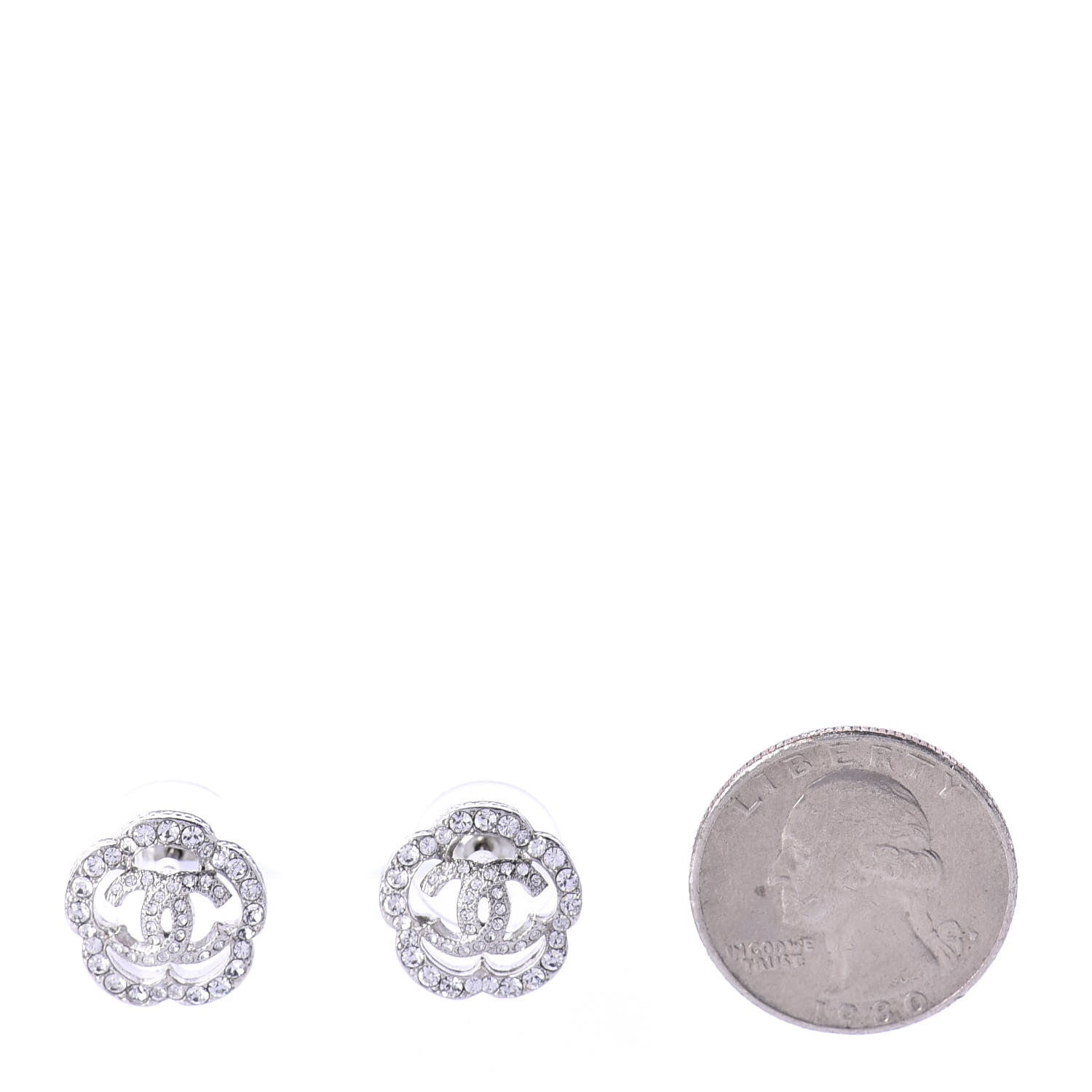 Chanel Crystal Coco Flapper Camellia CC Stud Earrings Silver 2 of 5