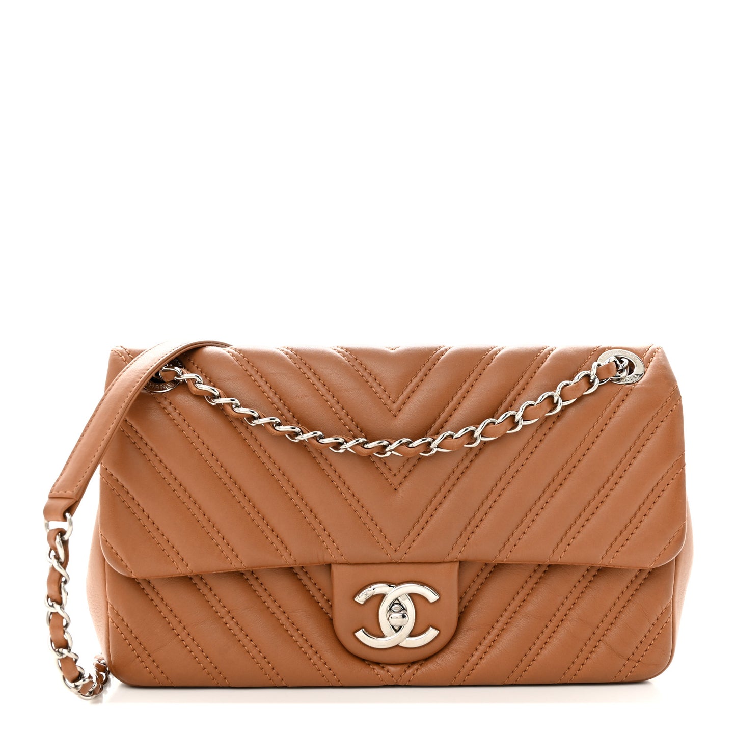Lambskin Chevron Double Stitch Medium Single Flap Brown