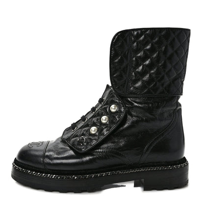Chanel Crackled Calfskin Velvet Pearl Combat Ankle Boots 38 Black 1 of 9