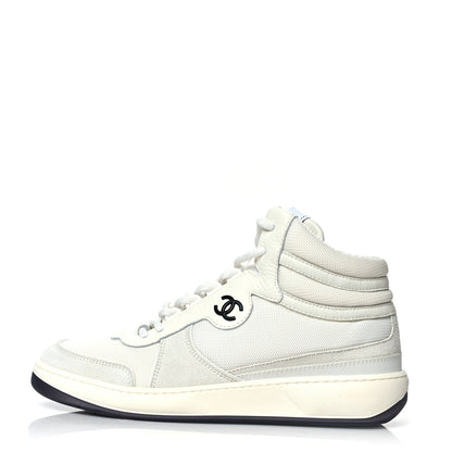 Chanel Suede Fabric Grained Calfskin Womens CC High Top Sneakers 38.5 White 1 of 7