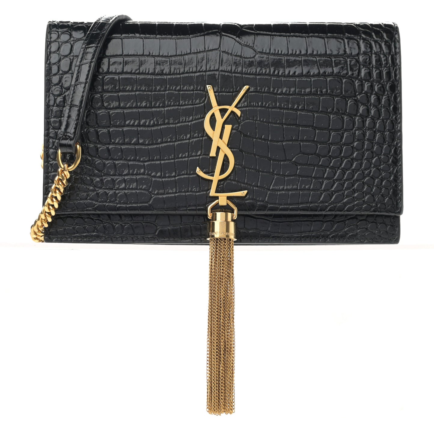 Calfskin Crocodile Embossed Kate Monogram Tassel Chain Wallet Black