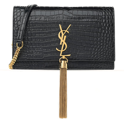 Saint Laurent Calfskin Crocodile Embossed Kate Monogram Tassel Chain Wallet Black 1 of 9