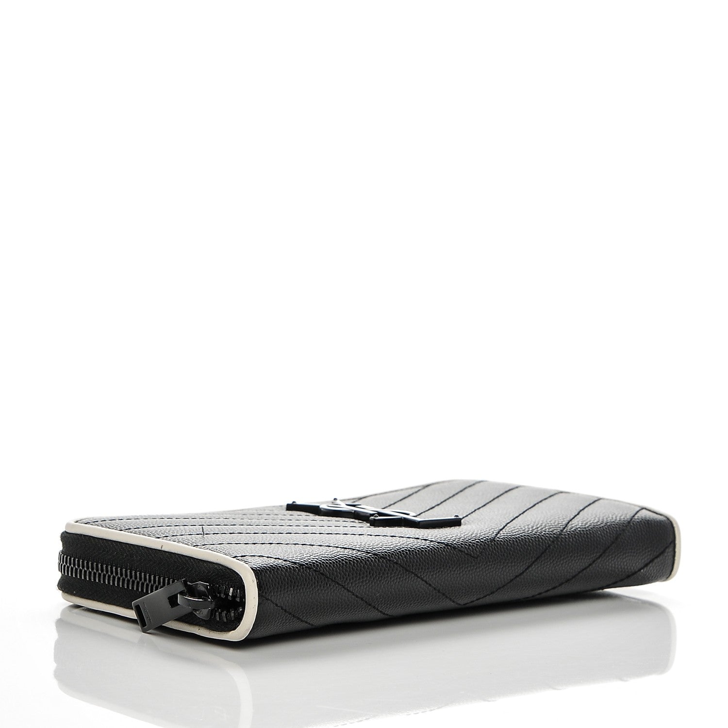 Saint Laurent Grain De Poudre Matelasse Chevron Monogram Zip Around Wallet Black Dove White 4 of 6