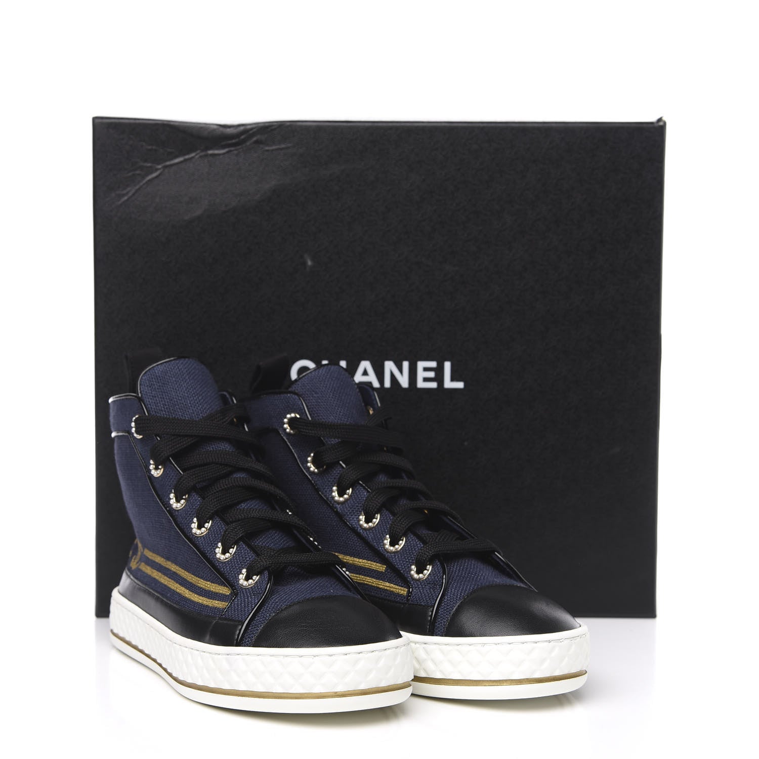 Chanel Fabric Lambskin Lace Up Cap Toe Sneakers 35 Navy Black 9 of 9