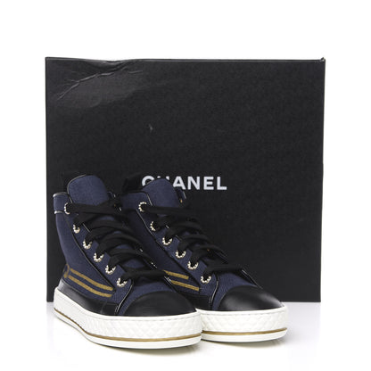 Chanel Fabric Lambskin Lace Up Cap Toe Sneakers 35 Navy Black 9 of 9