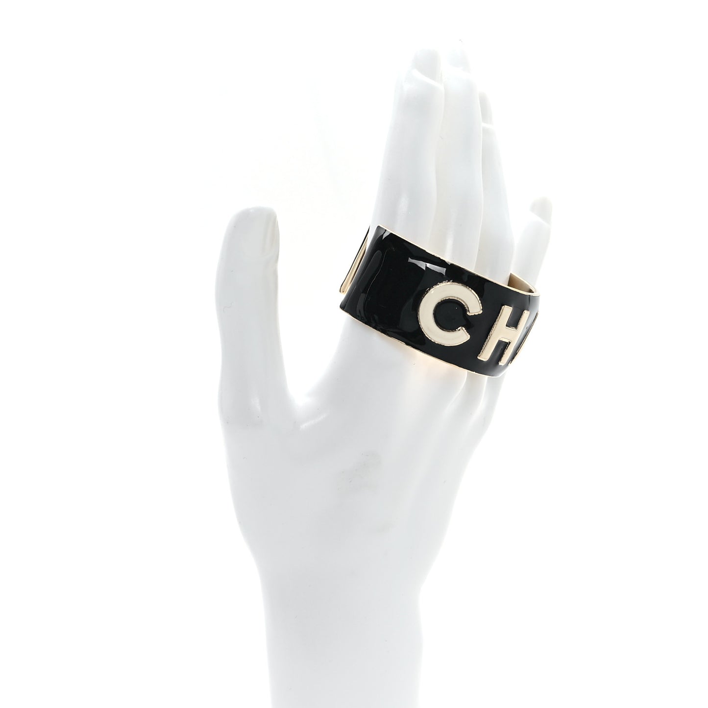 Metal Enamel Wide Chanel Logo Cuff Bracelet L Black White