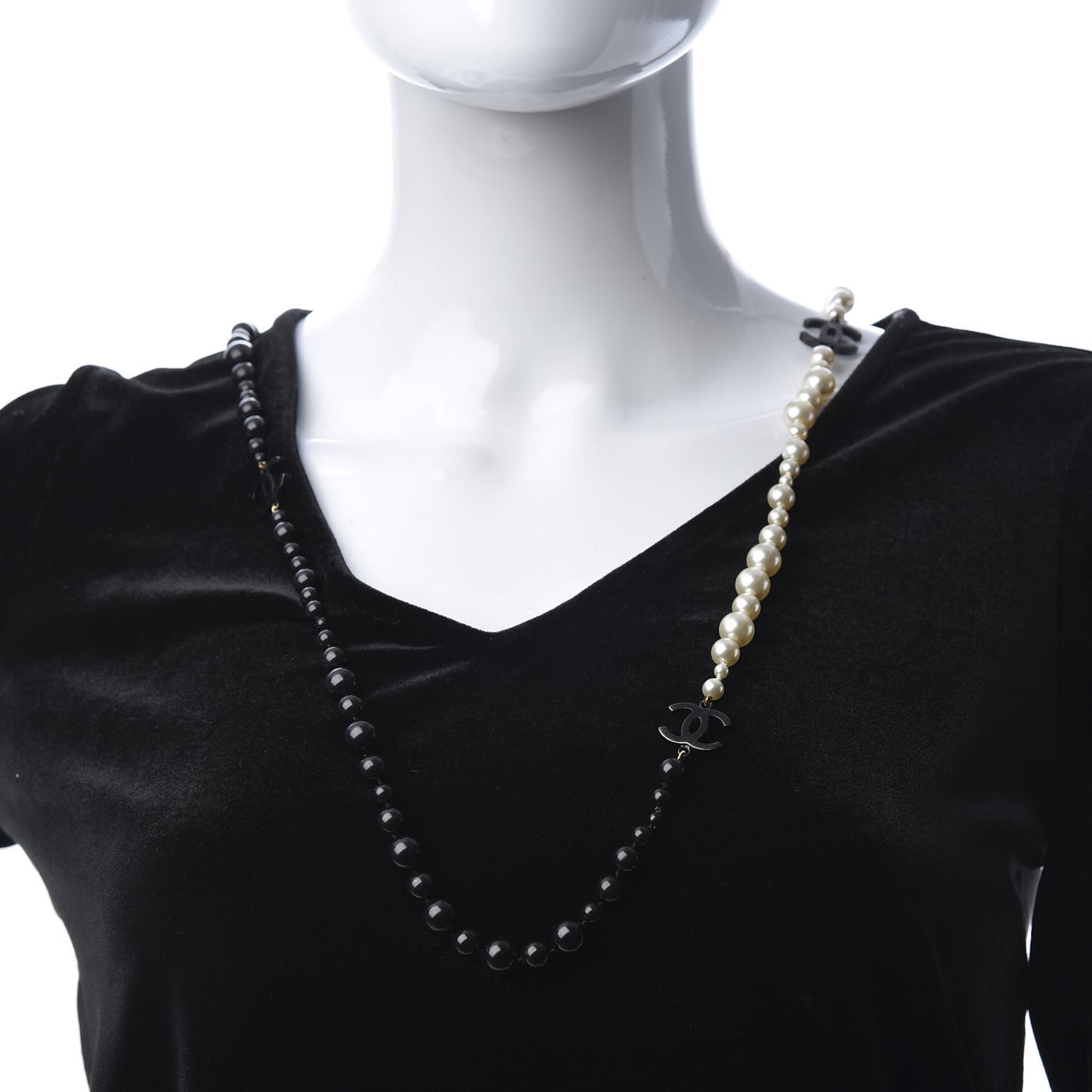 Pearl Beaded CC Long Necklace Black White