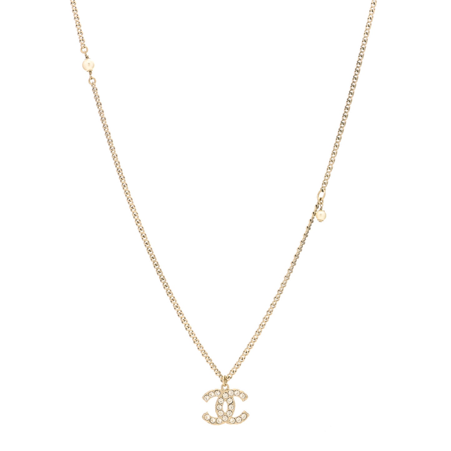 Metal Pearl Crystal CC Textured Pendant Necklace Gold