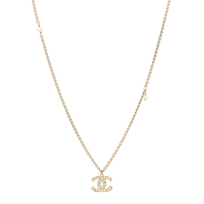Chanel Metal Pearl Crystal CC Textured Pendant Necklace Gold 1 of 3
