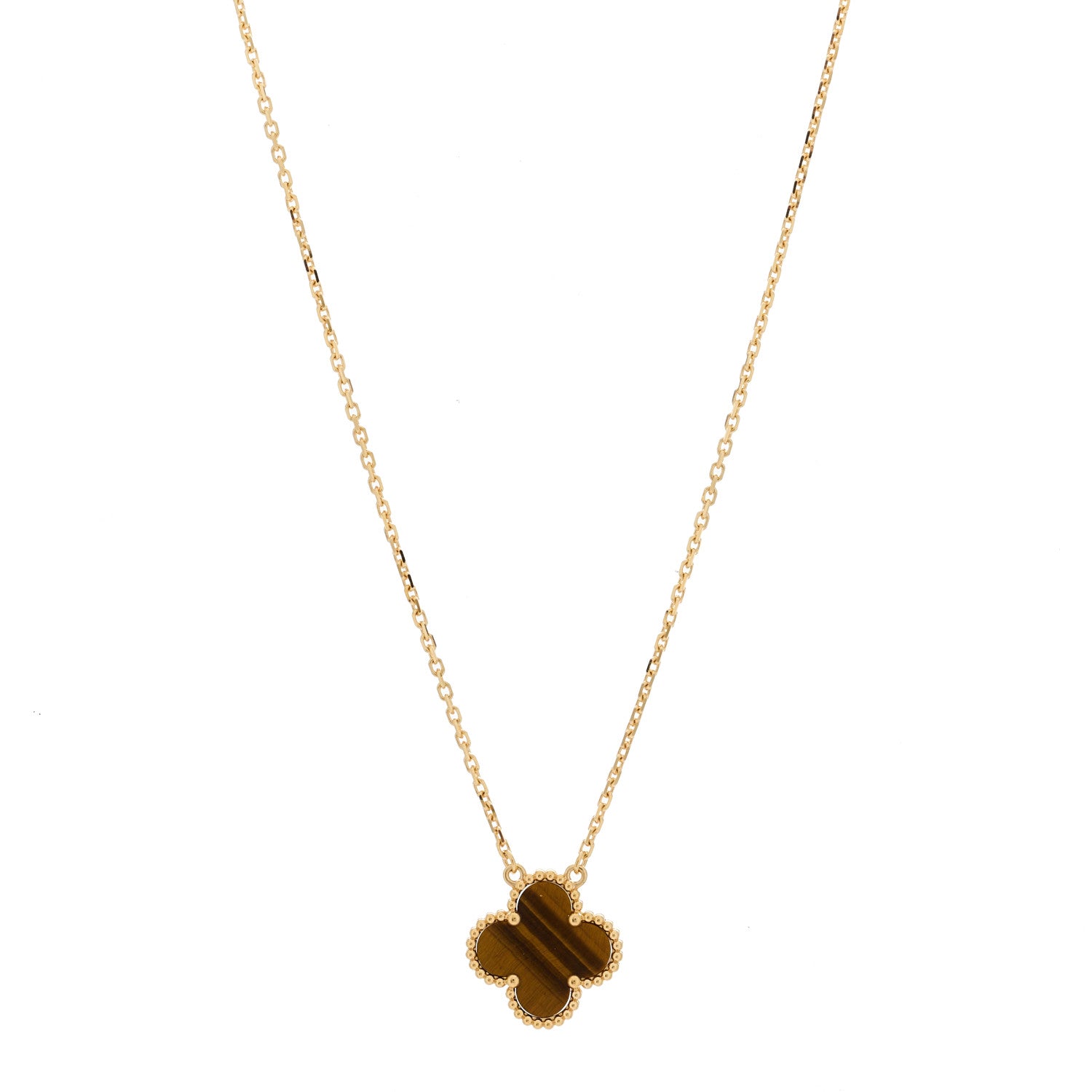 Van Cleef & Arpels 18K Yellow Gold Tiger Eye Vintage Alhambra Pendant Necklace 1 of 6