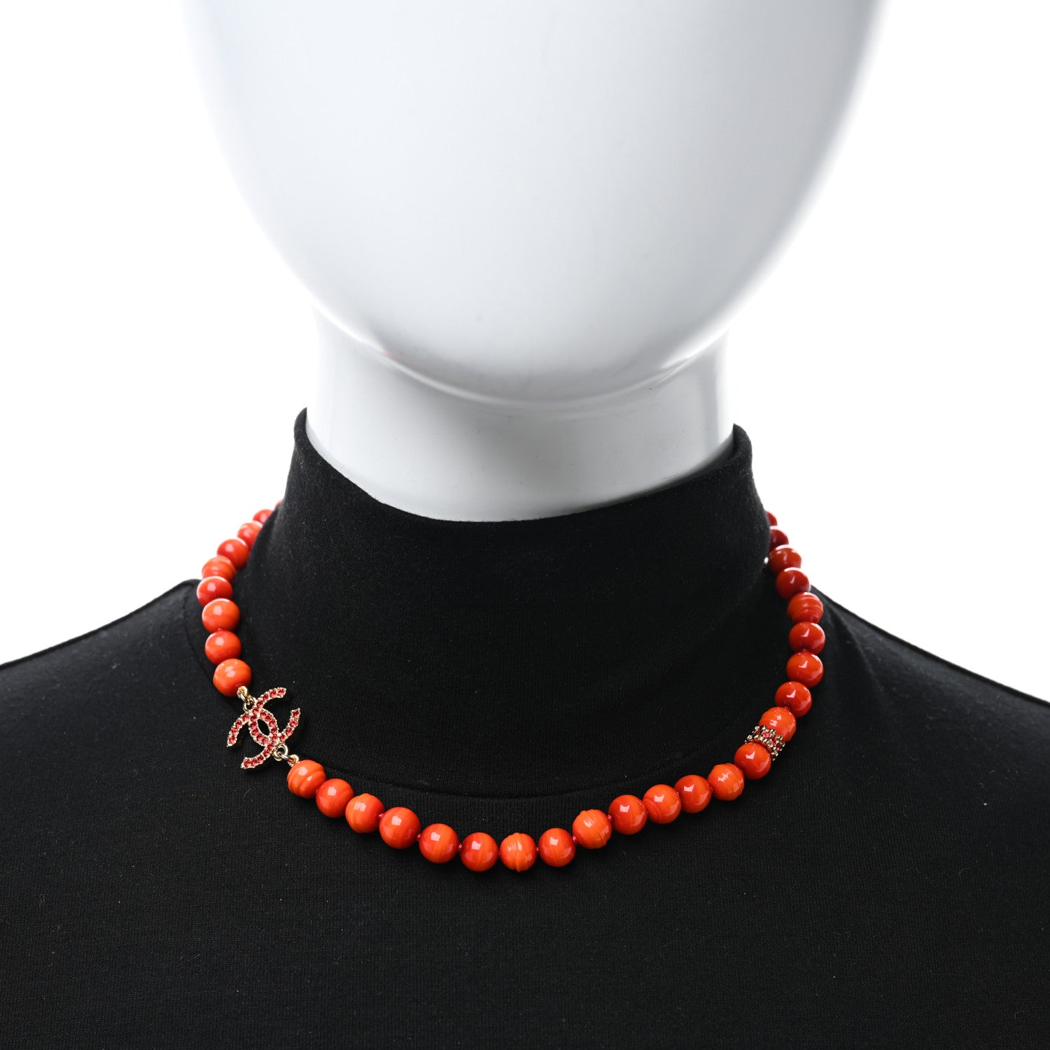 Chanel Pearl Glass Bead CC Necklace Golden Red 2 of 5