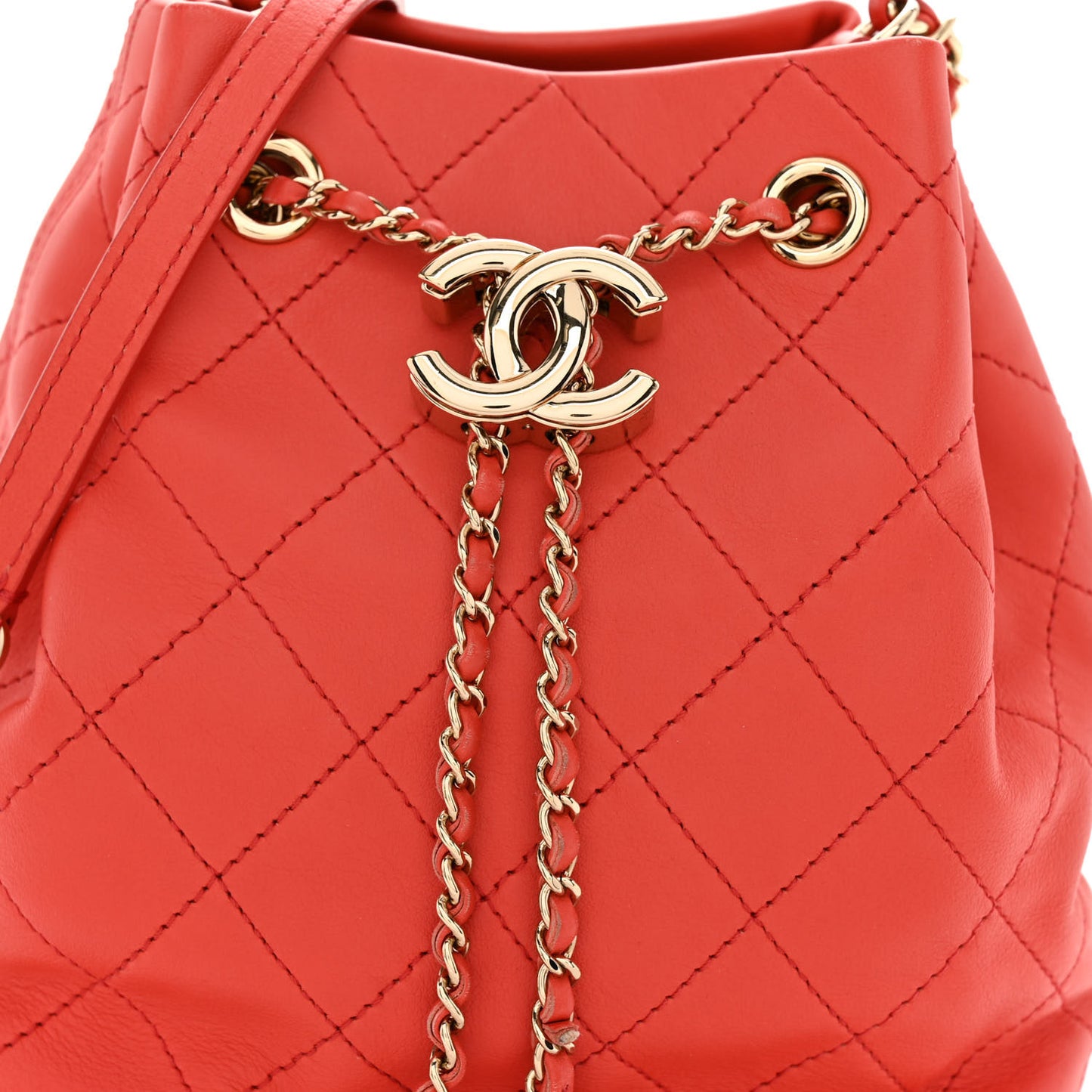 Calfskin Stitched Chain Bucket Bag Coral