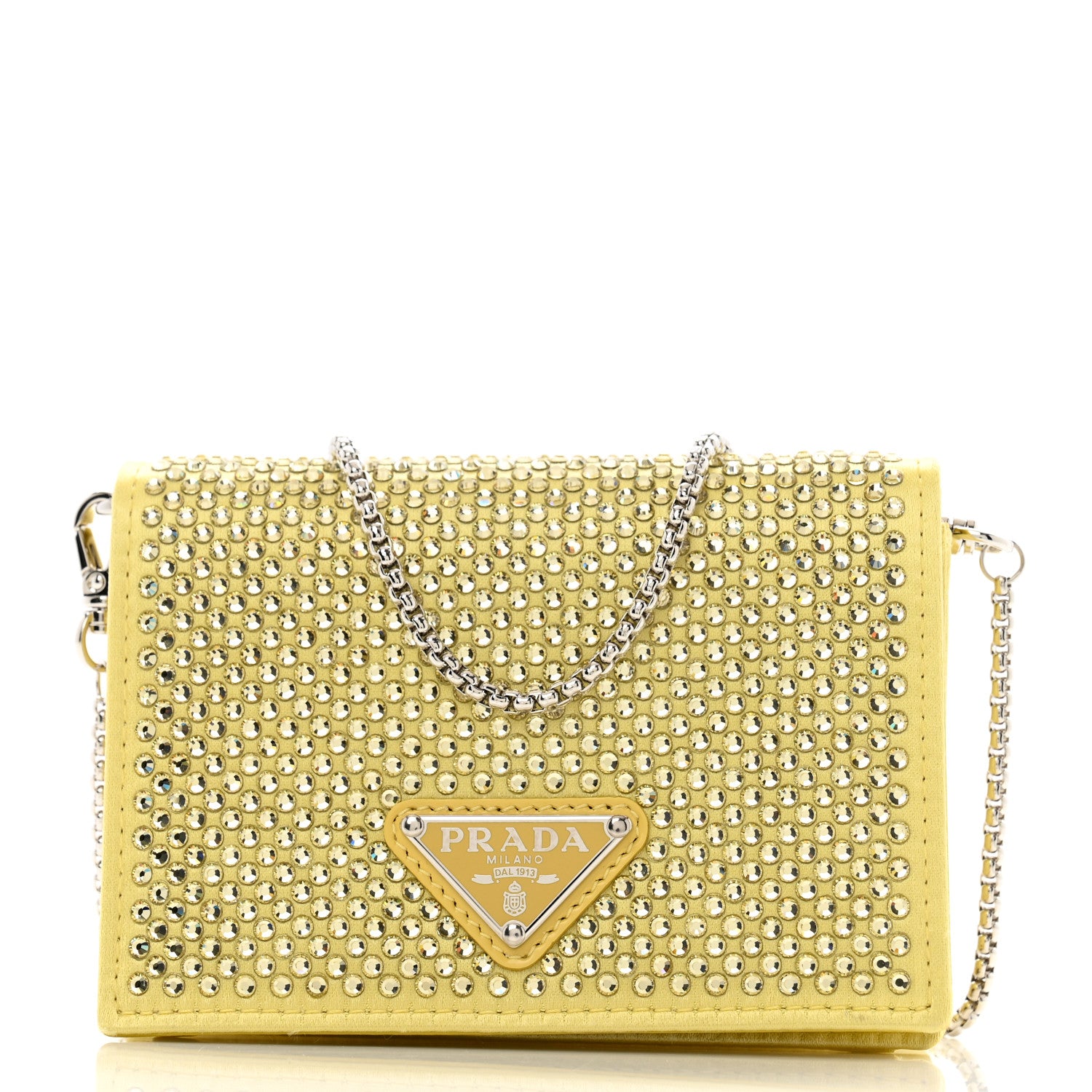 Prada Satin Crystal Metal Triangle Logo Card Holder With Strap
