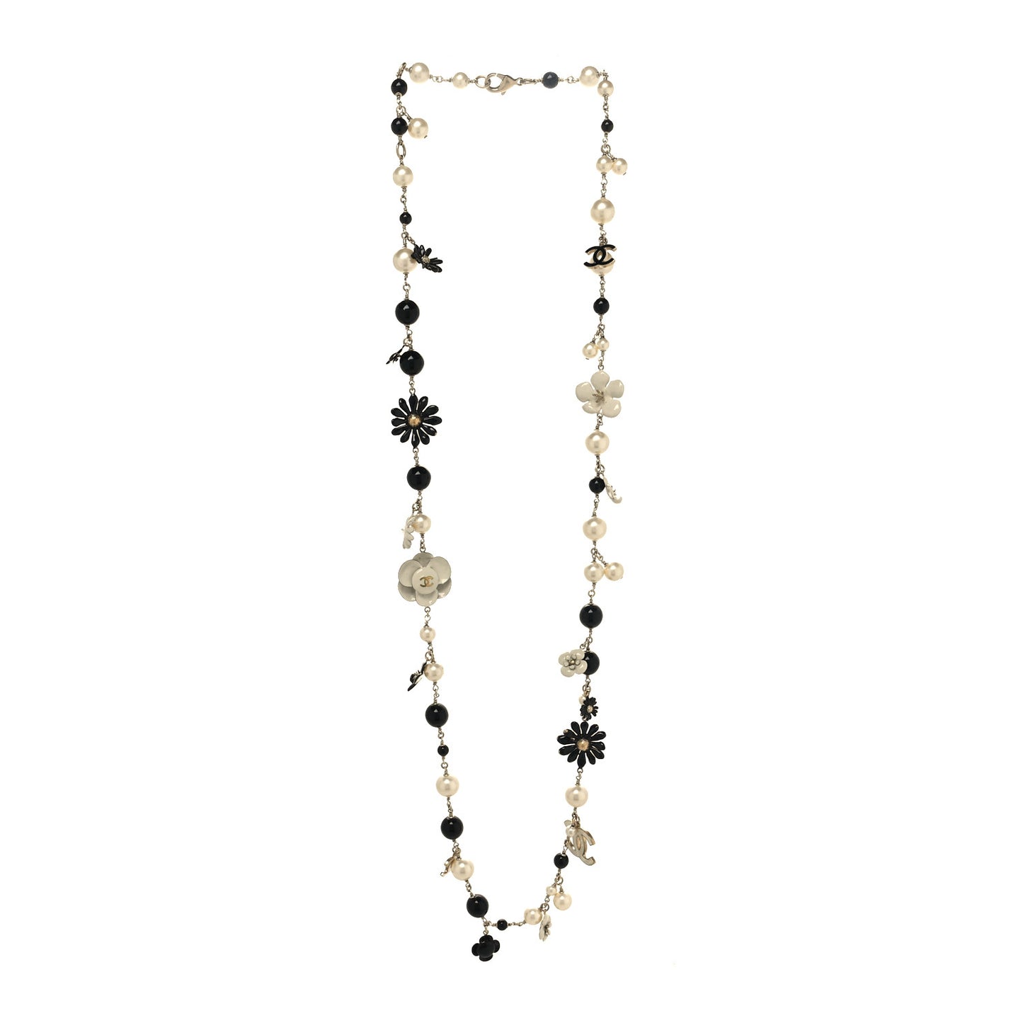 Pearl Camellia CC Long Necklace Gold Black